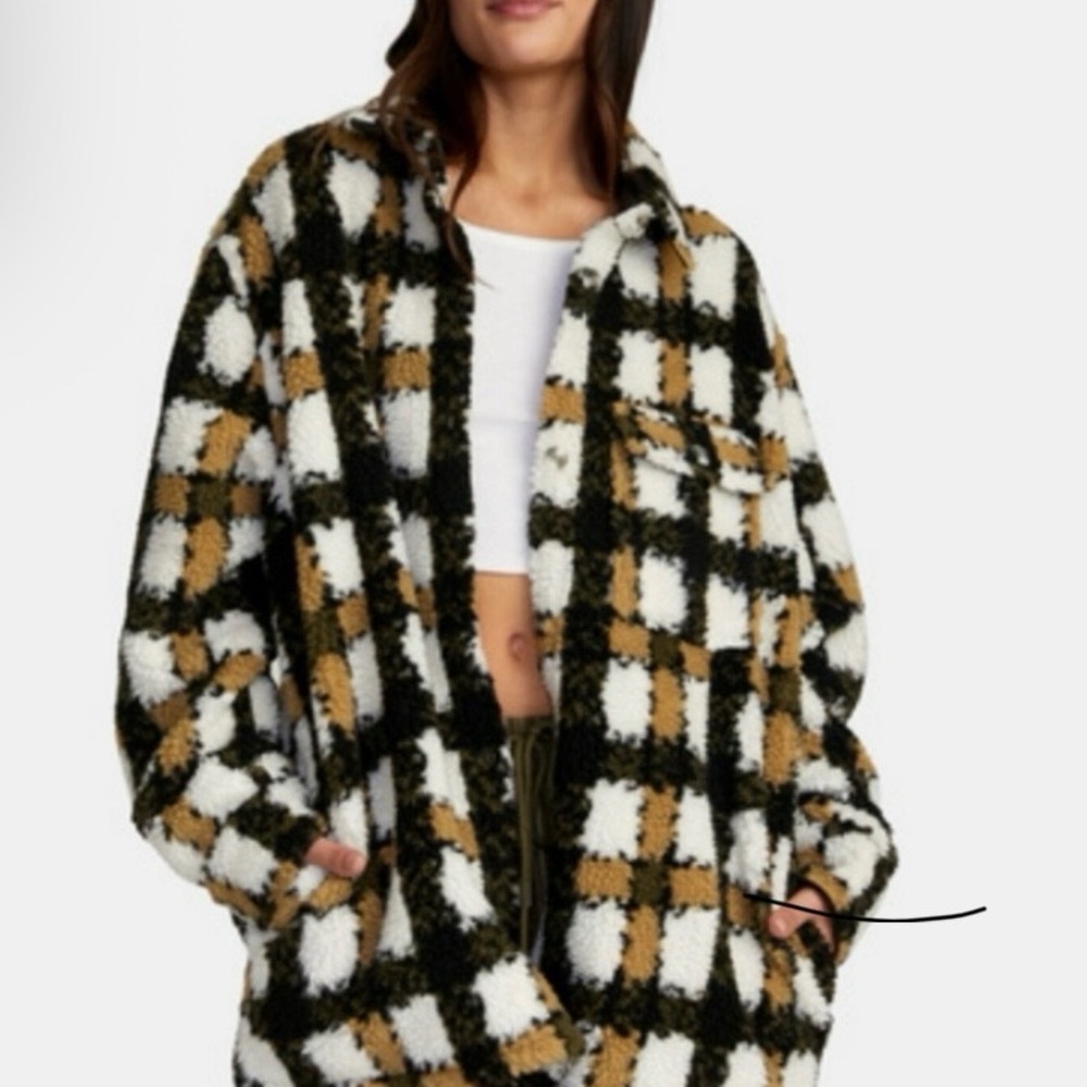 RVCA | NWT "Birdie" Plaid Faux Shearling Fleece Oversized Shirt Jacket - Picture 5 of 13